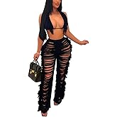 KANSOON Two Piece Sets for Women Sexy Crochet Outfits Halter Top Fringe Pants Summer Party Clubwear