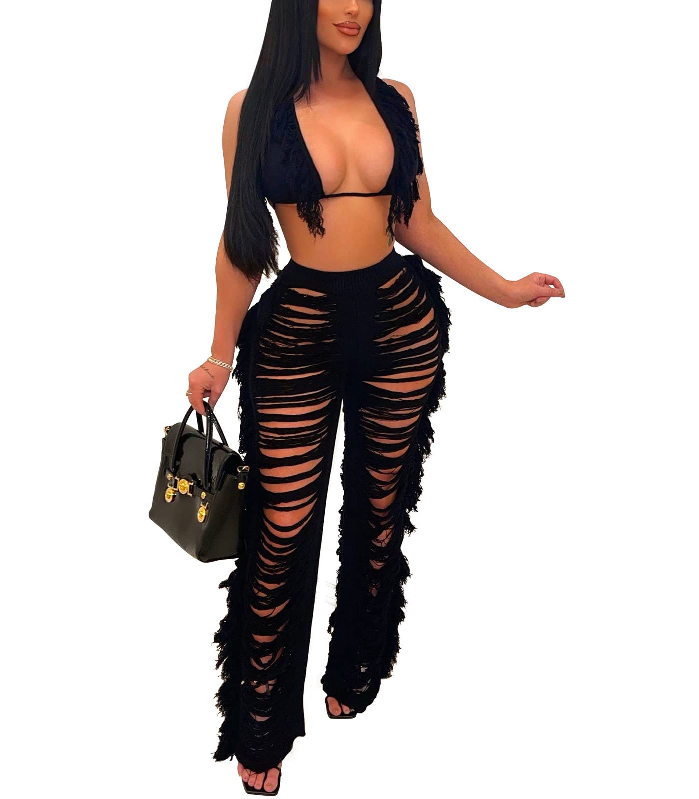 Photo 1 of KANSOON Two Piece Sets for Women Sexy Crochet Outfits Halter Top Fringe Pants Night Out Clubwear for Summer Party Black XL