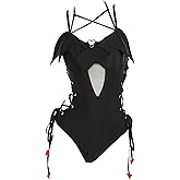 MEOWCOS Women's One Piece Swimsuits Gothic Swimsuit Devil Wings Tummy Control Bathing Suit One-Piece Swimwear