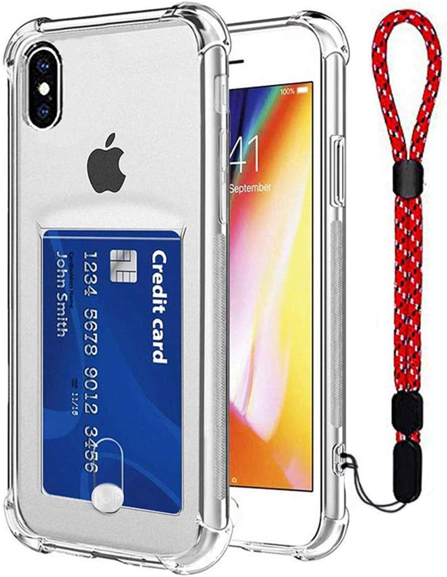 Calmpal iPhone Xs Max Clear Case with Card Holder Wireless Charger Compatible Protective Soft TPU Shock-Absorbing Bumper Case with Adjustable Wrist Strap for iPhone Xs Max (6.5"