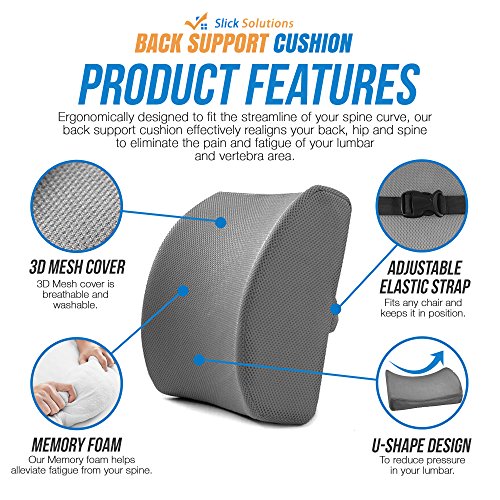 Back Support Cushion (Gray) - Jockey Saddle - Memory Foam Lumbar Support Pillow with 3D Mesh Cover for Balanced Firmness by Slick Solutions - Thumbnail 2