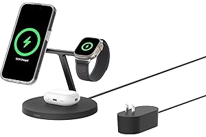 Belkin MagSafe-Compatible Charger, 3-in-1 Wireless Charging Station, Qi2-Certified 15W Wireless Charge for Apple iPhone 17 Series, Apple Watch, AirPods w/Non-Slip Base, 40W Included - Black