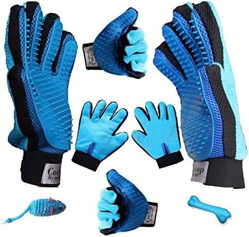Both Hand Pair Pet Hair Remover Grooming Glove Brush + 2 Toys - For Deshedding - Patting - Brushing - Pet Groomer For Long &amp; Short Hair - Furniture Hair Remover Tool - Fur Remover Mitt (5 Fingers)