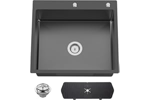 KOARDINK Black Kitchen And Bar Sink, 25x22 Inch Stainless Steel Drop In Kitchen Sink Modern Single Bowl Topmount Bar Sink Combo-Silicon Mat,Drain Strainer Set Compatibility With Various Kitchen & Bar Style