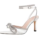 VETASTE Women's Double Bow Pointed Toe Ankle Strap Crystal Pumps Wedding Bridal Party Stilettos Backless Satin Heeled Sandals