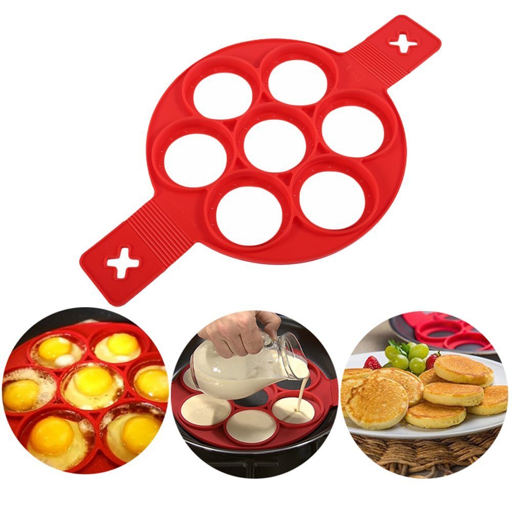 KJLM Pancake Molds Silicone Baking Mould Egg Maker Pancake Flipper Egg Ring Nonstick Silicone Round Egg Rings (Red 7 holes)