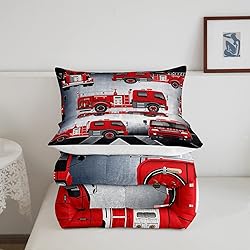 Manfei Fire Truck Comforter Set Full Size Red Fire