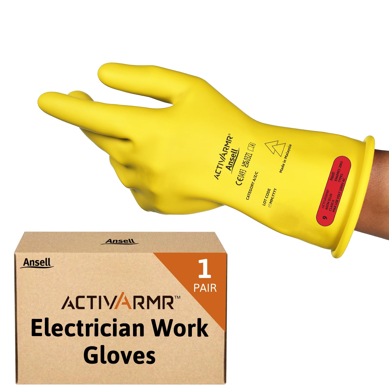 Ansell ActivArmr Electrician Work Gloves, Electrical Protection Class 0 (1000V), Insulating Natural Rubber Latex Gloves, Industrial Safety PPE, 11 Inches, Yellow, Size XL (1 Pair) — image 1