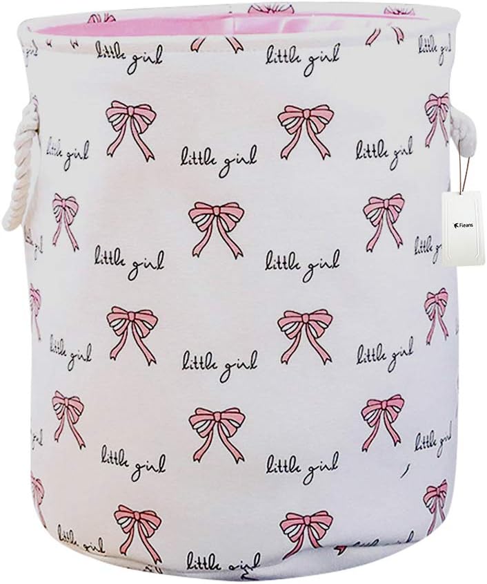 Fieans Cotton Toys Storage Basket Folding Round Laundry Hamper Canvas Nursery Storage Bin for Girls - Bowknots, White