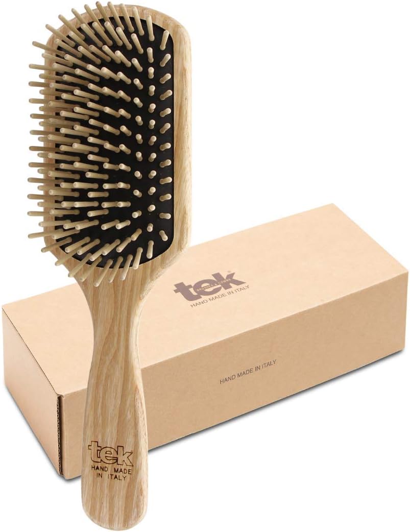 Big paddle hairbrush in ash wood with short pins - Handmade in Italy, Brown