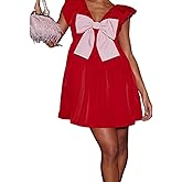 SOLILOQUY Women Y2K Big Bowknot Mini Dress Fly Sleeve V-Neck Babydoll Dress A-line Flowy Short Dress Valentine's Day Outfit