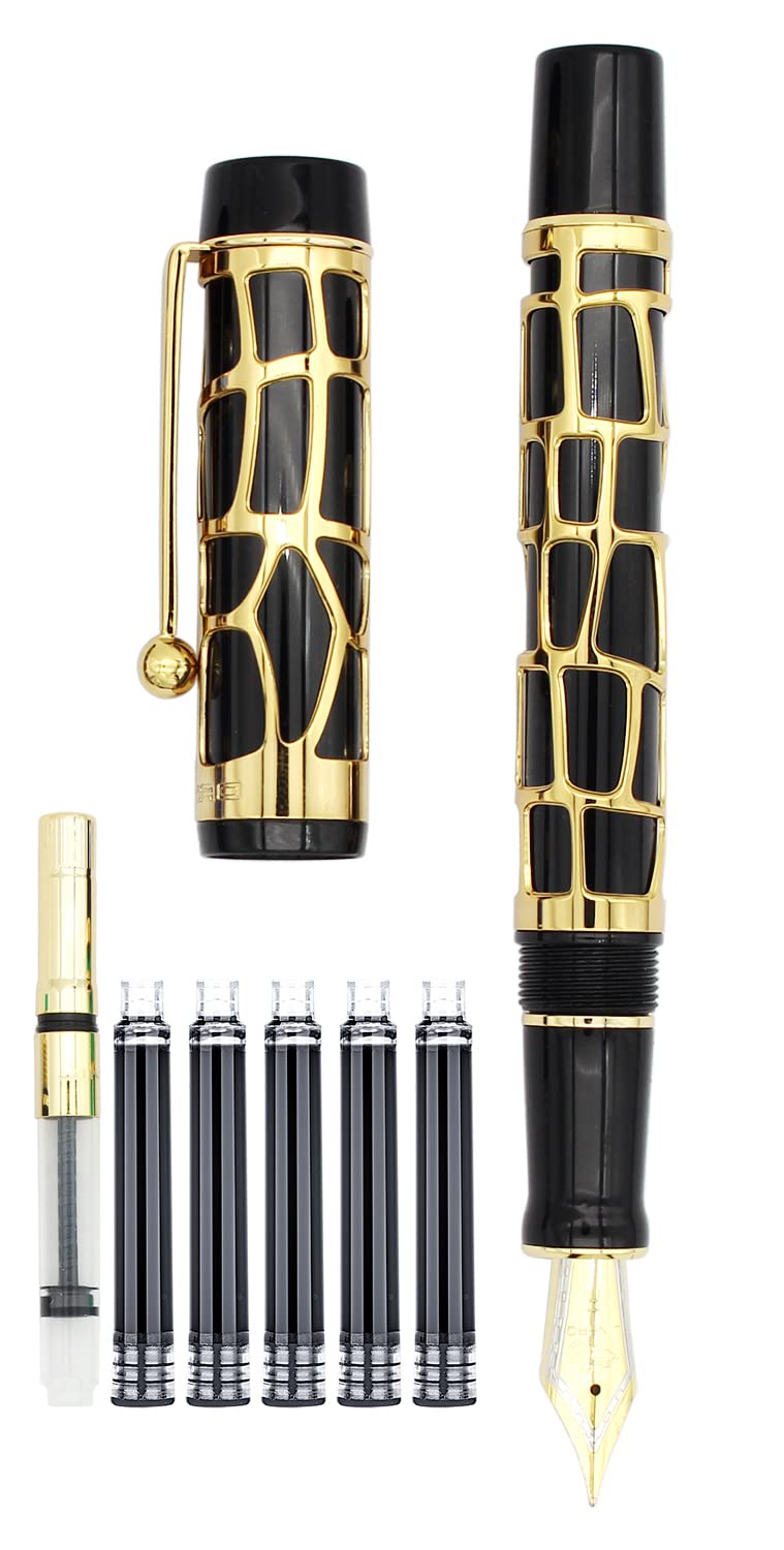Gullor Century 100 Fountain Pen, Skeleton Hollow-out Series Golden, Screw-Cap, Fine Nib, Black