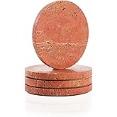Red Travertine Coasters Set of 4, 10cm Diameter Natural Stone Coasters with Non-Slip Cork Backing, for Coffee Table Kitchen Office Decor