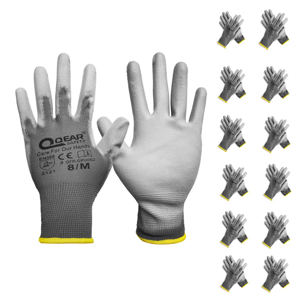 QEARSAFETY 12 Pairs PU Palm Coated Work Safety Gloves, Knitted Liner, Multi-Function, Light-Weight, Thin, Sensibility, Grip and Breathable for All Kinds Of General Purpose Works (9/L, Grey)