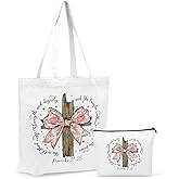 Christian Gifts for Women, Girls Preppy Bow Canvas Tote Bag Makeup Bag Set, Inspirational Bible Verse Religious Gifts Graduation Retirement Nurse Mothers Day Reusable Grocery Bags Travel Cosmetic Bags