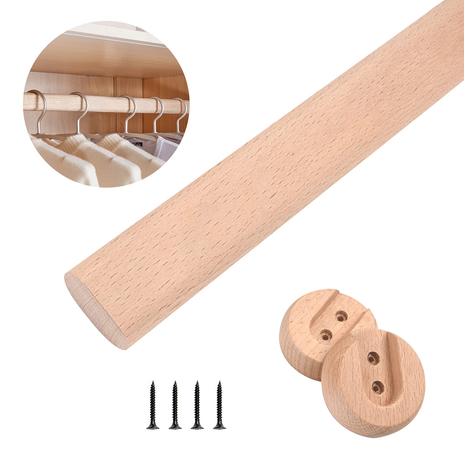 Wardrobe Rod, Natural Beech Wood Heavy Duty Closet Rod with 2 Bracket Support And Screws, Easy To Install, for All Kinds of Wooden Wardrobes,50 cm/19.6 inches