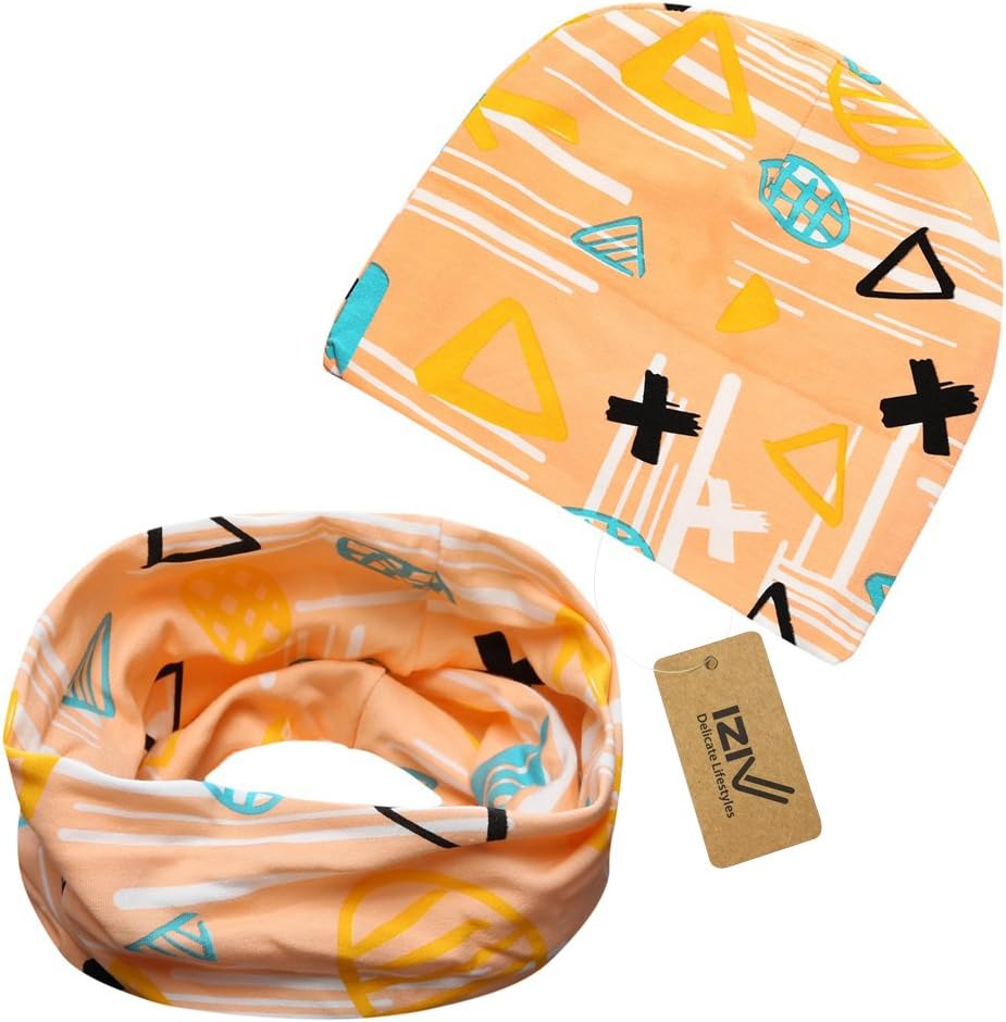 iZiv 2 Pack Cute Baby Hats Scarfs Infant Soft Cotton Hat and Scarf Set, Fashion Style Spring Autumn for 0-2 Years