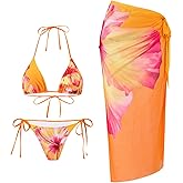 SOLY HUX Women's Bathing Suits 3 Piece Swimsuits Floral Halter High Cut Bikini Set with Mesh Coverup Wrap Skirts