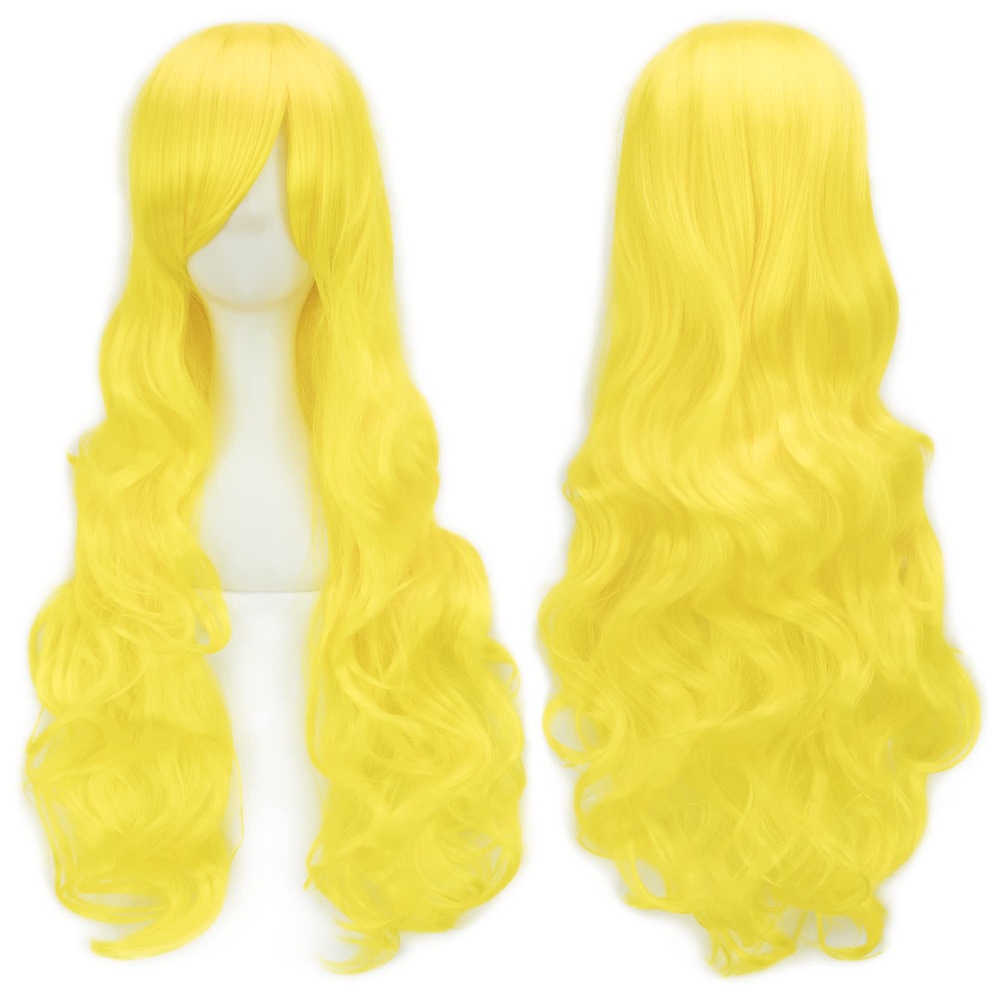 IMISSU 80cm Long Curly Natural Hair Cosplay Wig with Bangs Colorful Halloween Costume Party Wigs for Women (Fluorescent Yellow)