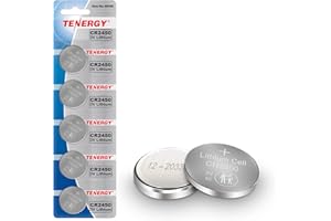 Tenergy CR2450 Battery, 3V Lithium Coin Cell Battery for Car Key Fob, Remote Controllers, Garage Door Openers, Calculators, Thermometers and More, 5 Count