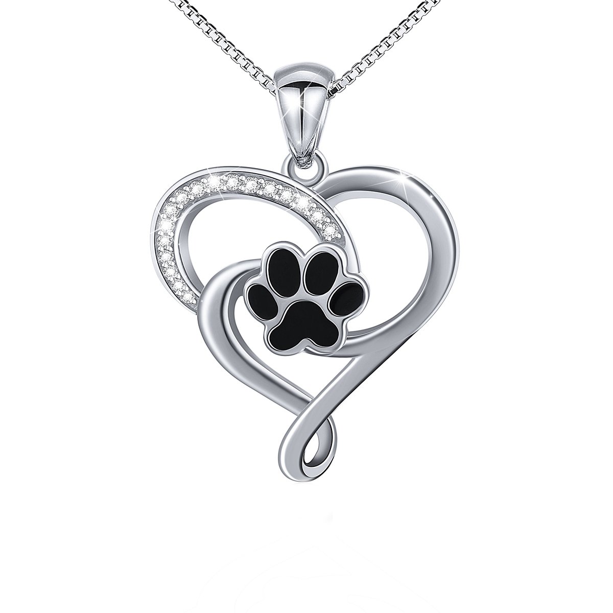 DAOCHONG Pet Paw Heart Necklace Silver 925 Ladies Chain Sterling Silver Animal Puppy Dog Cat Black Pet Paw Print CZ Heart Pendant Necklace Birthday Gift for Women Girls