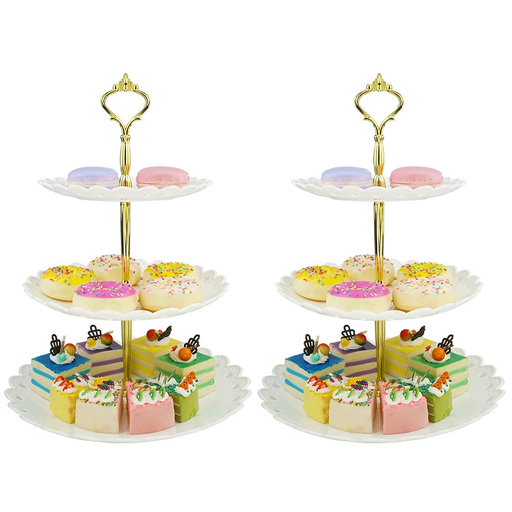 Hetoco 3-tier Gold Plastic Dessert Stand Cake Stand Cupcake Stand Holder Serving Platter for Party Wedding Home Decor - Set of 2