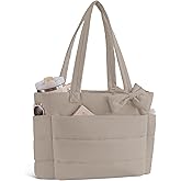 Puffer Tote Bag for Women, Quilted Bow Tote Bag with Cup Holder & 15.6 In Laptop Compartment for Work, Travel, Gym, College
