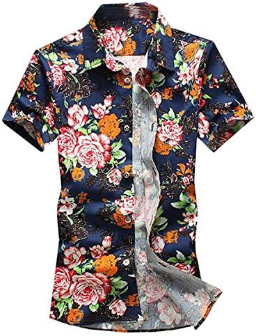 Eault Slim Mens Summer Flowers Print Short Sleeve Button Casual Men fashion BlueUS-M Comfortable