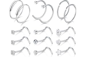 D.Bella 20G Surgical Steel Flat & Ball & Clear Diamond CZ Nose Stud Rings Bone Nose Straight Stud Piercing Jewelry