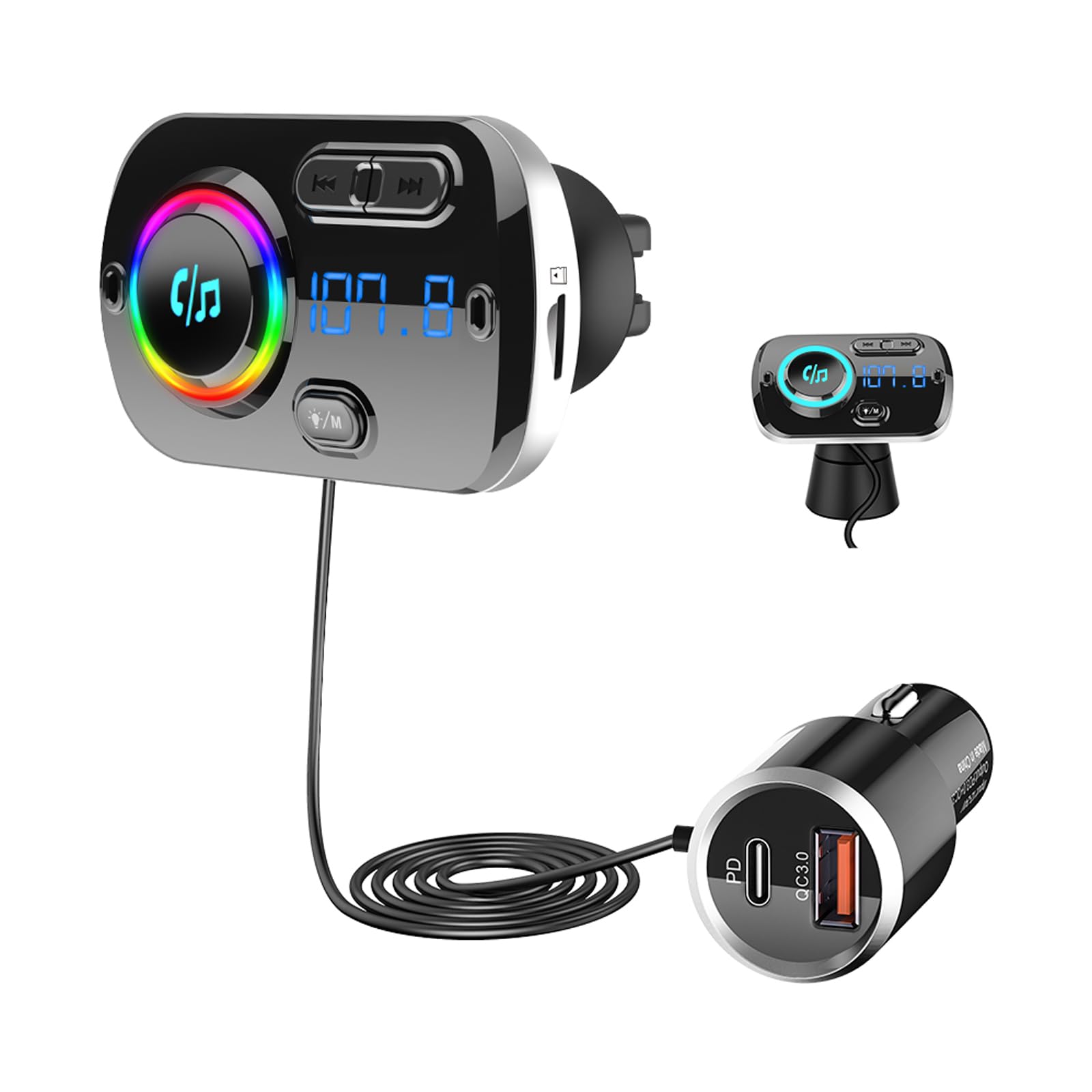 SONRU Newest FM Transmitter Bluetooth 5.3, Car Radio Adapter Hands-Free Car Kit, PD3.0 30W Type C & QC3.0 Fast Car Charger, Support TF Card, AUX Output, Crystal Sound, 1.1M Cable, 2 Install Ways