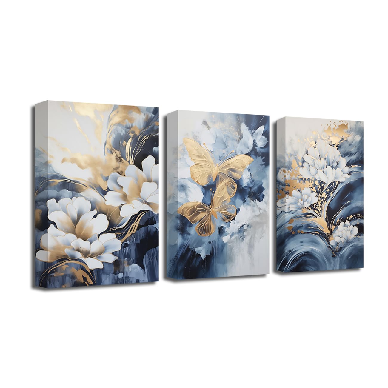 CXHOSTENT Blue and Gold Flowers Wall Art - 3 Pieces Blue White Golden Floral and Butterfly Paintings - Abstract Floral Picture for Bedroom Decor (30.00 x 40.00 cms x 3PCS)