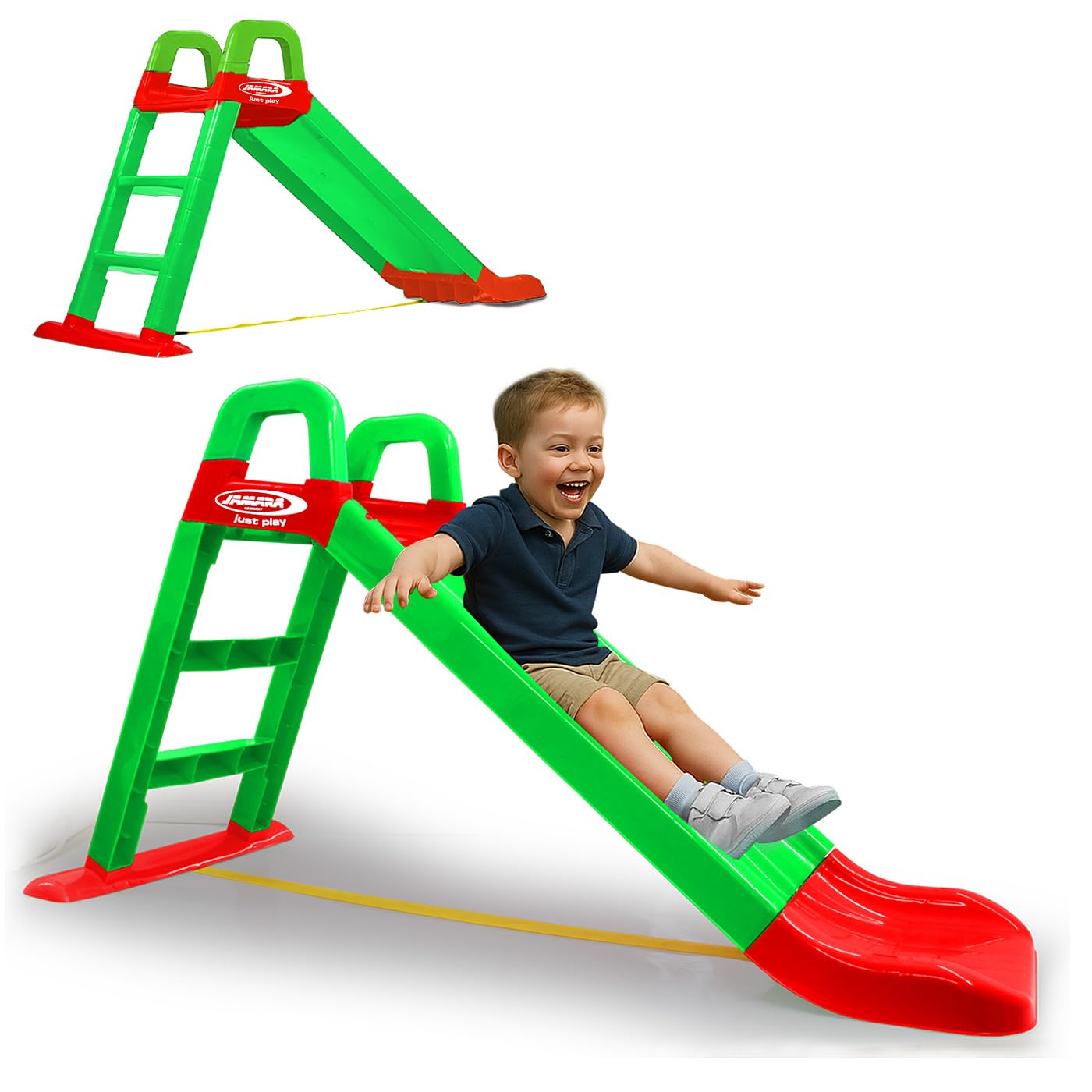 JAMARA Funny Slide 460502 Slide Made of Robust Plastic, Slide Spout for Gentle Landings, Wide Steps and Safety Handles, Stabilising Rope, Green