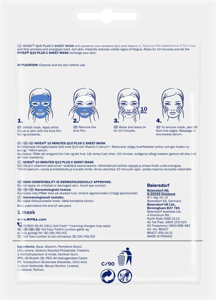 NIVEA Q10 + C Power Anti-Wrinkle + Energy Sheet Mask (1 Piece), Anti Ageing Moisturiser Mask with Vitamin C - Image 3