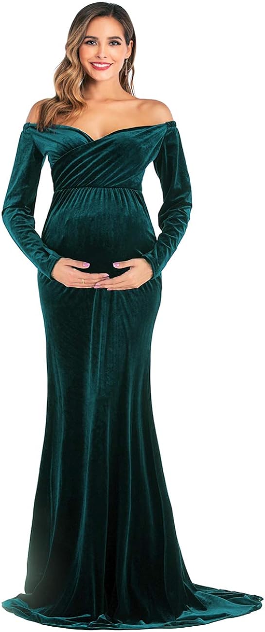 JustVH Velvet Maternity Off Shoulder Half Circle Fitted Gown Maxi Photography Dress for Baby Shower Photo Props Dress at  Women’s Clothing store
