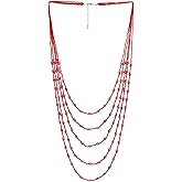 COOLSTEELANDBEYOND Oval Beads Statement Necklace Multi-Strand Long Chains with Crystal Charm Pendant