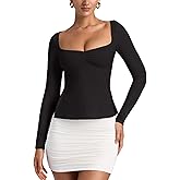 REORIA Womens 2025 Fall Trendy Tops Long Sleeve Shirts for Women Square Neck Going Out Side Slit Tshirts Cute Basic Tee