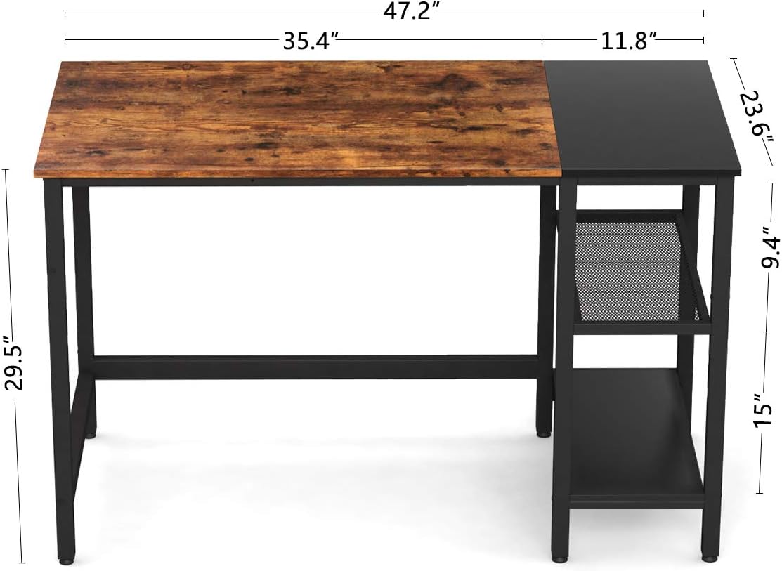 CubiCubi Computer Home Office Desk, 47 Inch Small Desk Study Writing Table with Storage Shelves, Modern Simple PC Desk with Splice Board, Rustic Brown and Black: Kitchen & Dining