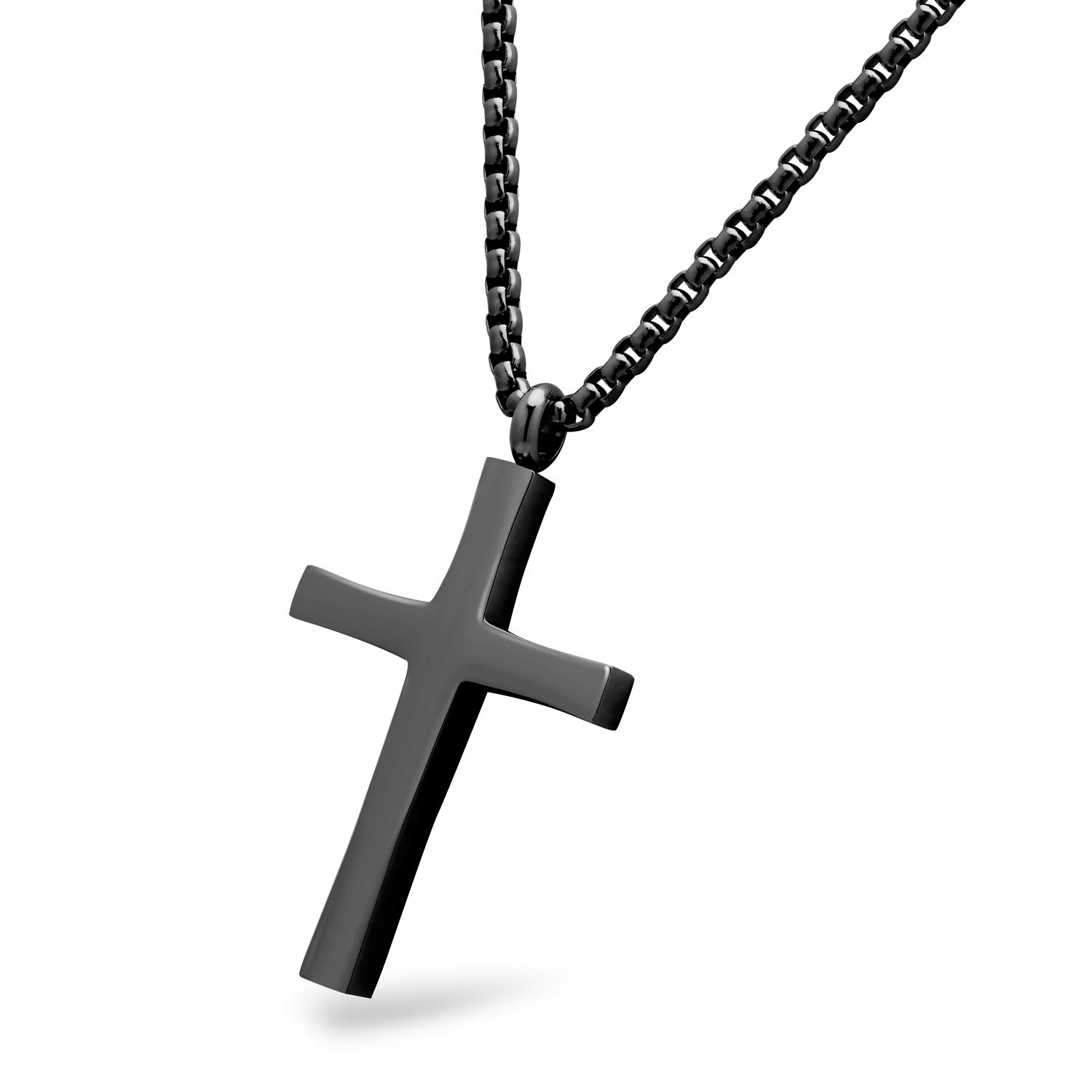 555Jewelery Stainless Steel Metal Cross Men Women Unisex Adjustable Rolo Chain Religious Christian Prayer Vintage Simple Fashion Jewelry Accessory Chain Pendant Necklace, Black 28 Inch
