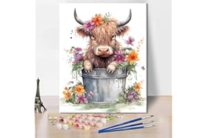 TUMOVO Paint by Number for Adults Canvas Highland Cattle Flowers Paint Number Kits Animal Adults' Paint-by-Number Kits Kids Paint by Number DIY Acrylic Paint by Numbers for Kids, 16x20Inch