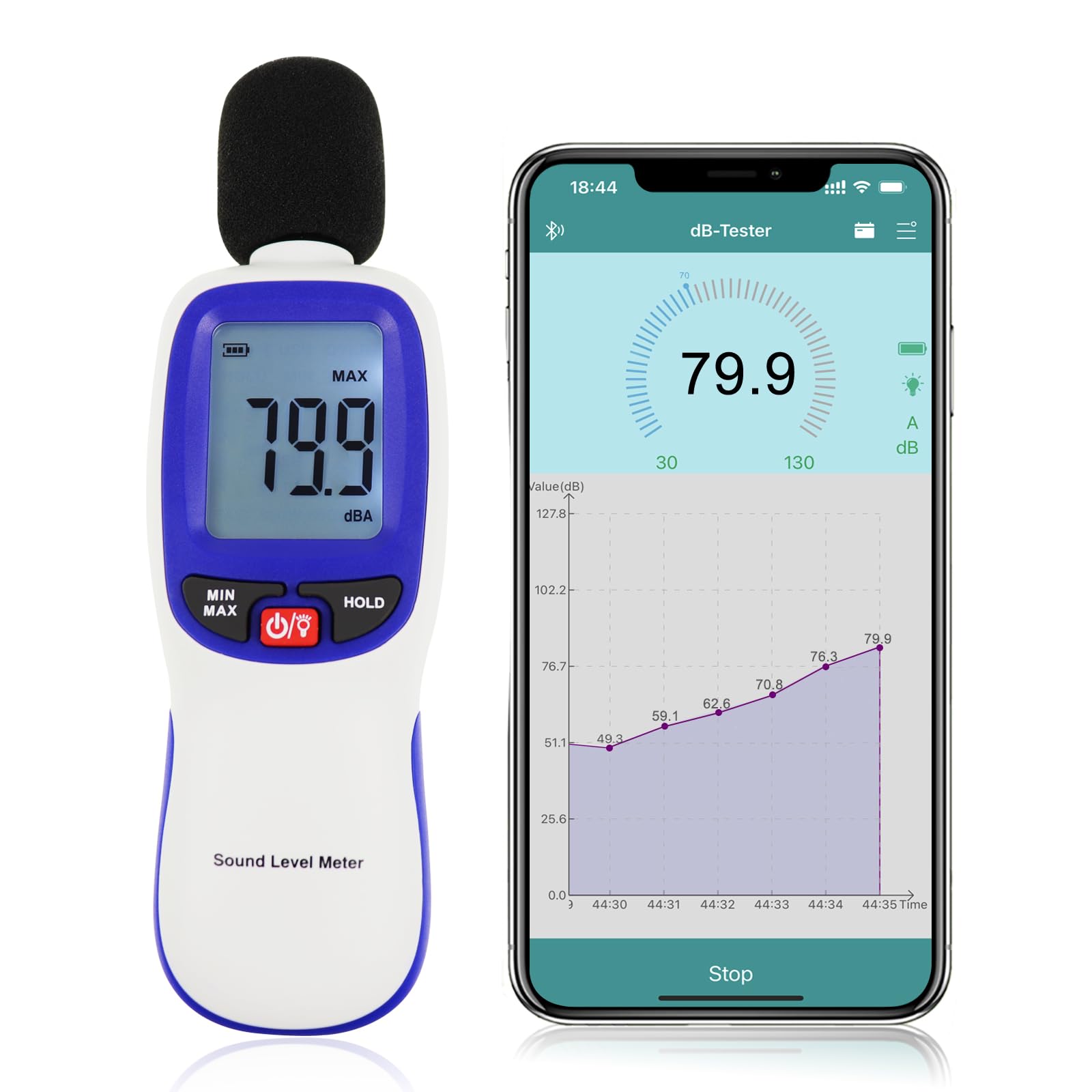 Wireless Decibel Meter Sound Level Meter Data Logger Bluetooth Sound Decibel Meter with App Data Recording Function 30~130dBA High Accuracy Noise Meter for Classroom, Home, Office