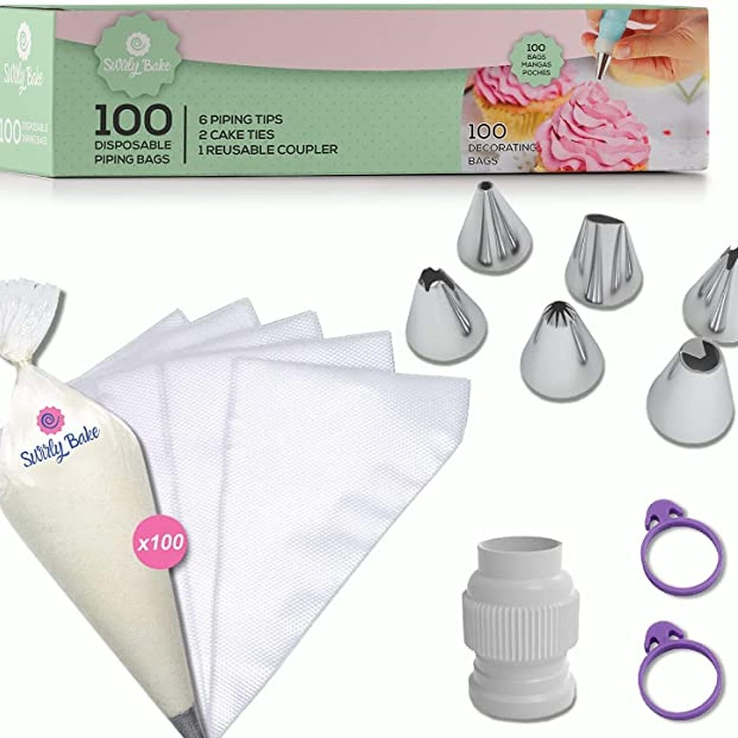 AIMOLE109 PCs Cake Decorating Kit with 100 Disposable Piping Bags, 6 Piping Tips, 2 Cake Ties, 1 Resusable Icing Coupler