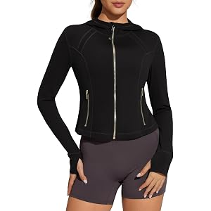 SUUKSESS Women's Hooded Workout Jackets Golden Zip Up Athletic Tops | Workout Jacket,Yoga Tops,Thumb Holes,Lightweight Fabric