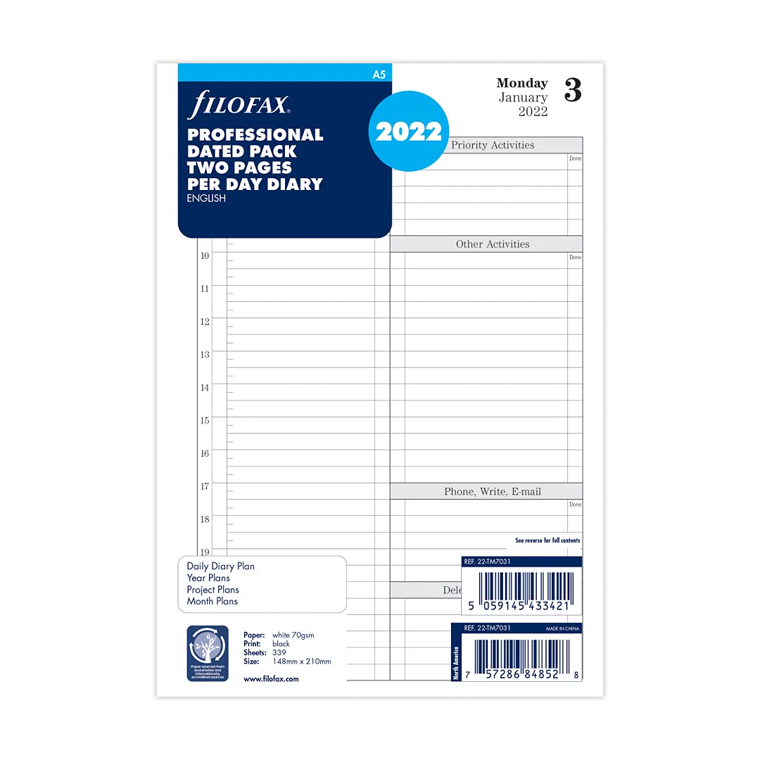 Filofax A5 Day to View Diary - 2022 22TM7031