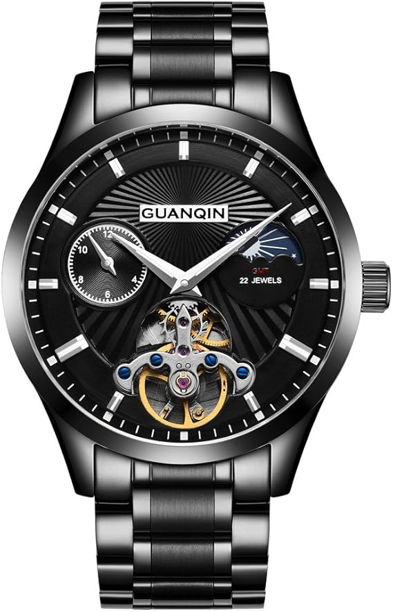 Amazon Guanqin 腕時計 アナログ 自動巻き 機械式 ウォッチ メンズ 人気 ブランド ステンレススチール オス 時計 ムーンフェイズ 防水 おしゃれ ユニーク デザイン ブラック メンズ腕時計 腕時計 通販
