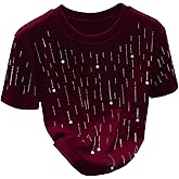 SweatyRocks Women's Beaded Rhinestone Short Sleeve T Shirts Trendy Crew Neck Streetwear Going Out Tee Tops