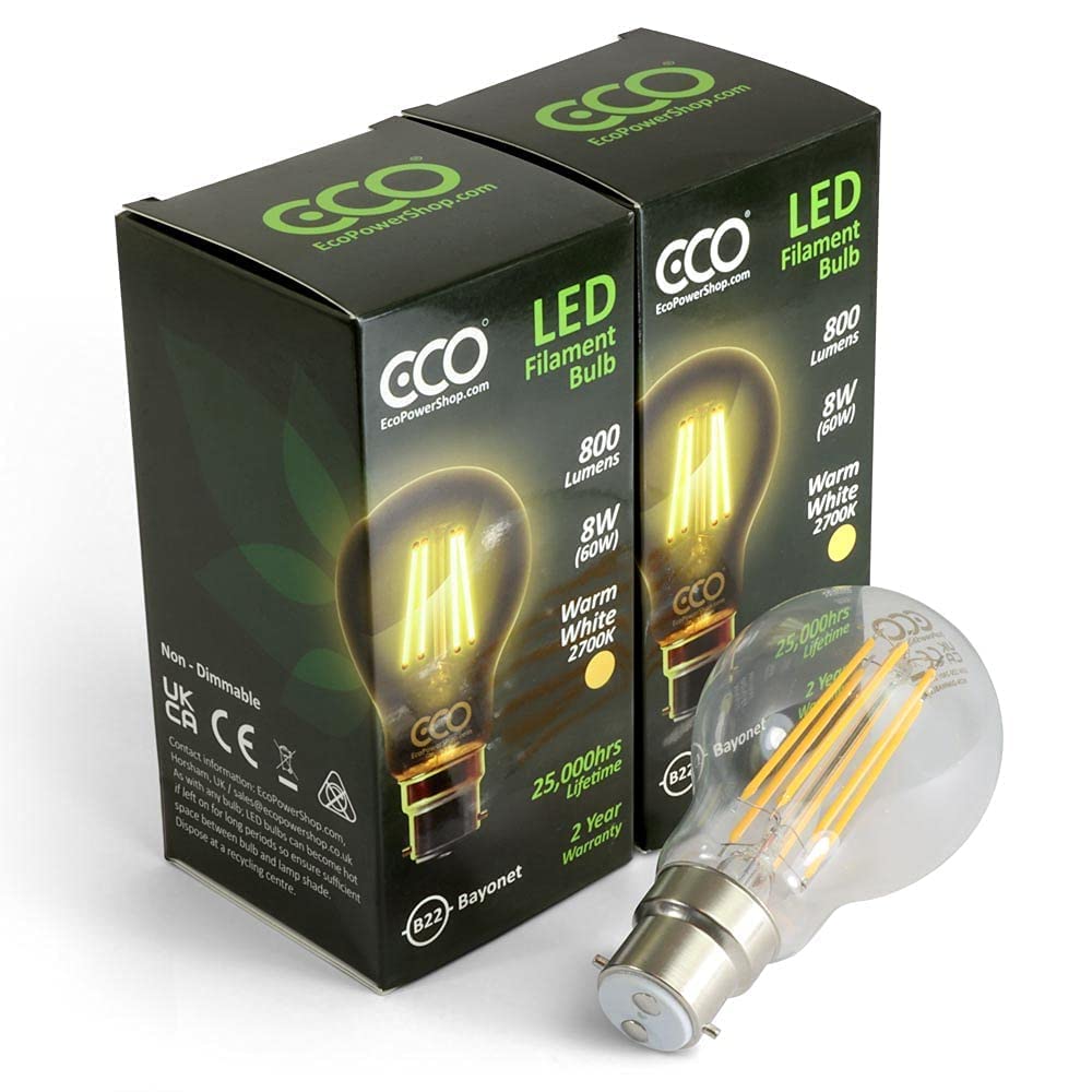 ECO 60W Energy Saving Light Bulb, Low Energy 8W LED Filaments, Bright 800 Lumen, Clear Glass, Warm White (2700K), B22 Standard UK 2 pin Bayonet, 25000Hrs Lifetime. (2xPACK)