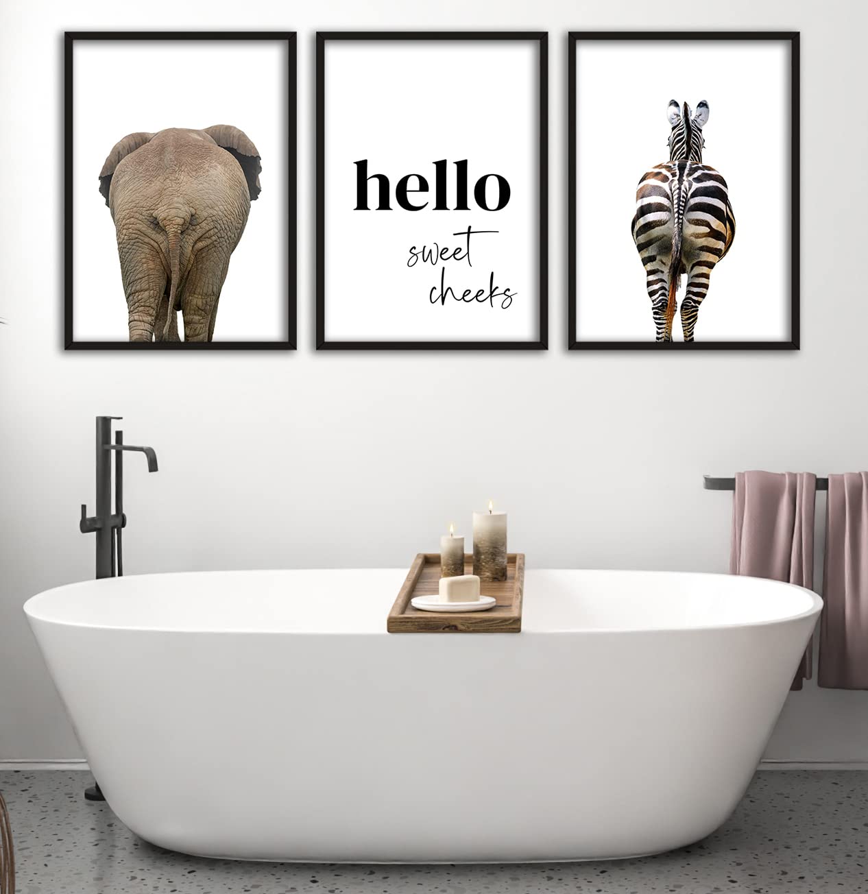 Eviepops Prints Elephant Zebra Bum Bathroom Wall Art Set of 3 Unframed Safari Animal Prints, Hello Sweet Cheeks Quote, Funny Bathroom Decor, Home Wall Art, New Home Gift (A3) — image 1