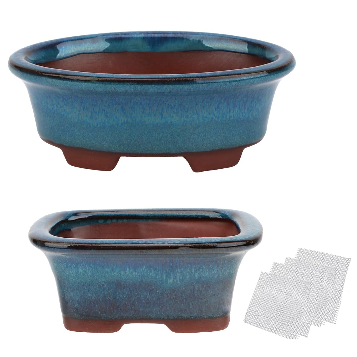 happy bonsai Small Glazed Pots, Value Set of 2 + 4 Soft Mesh Drainage Screens