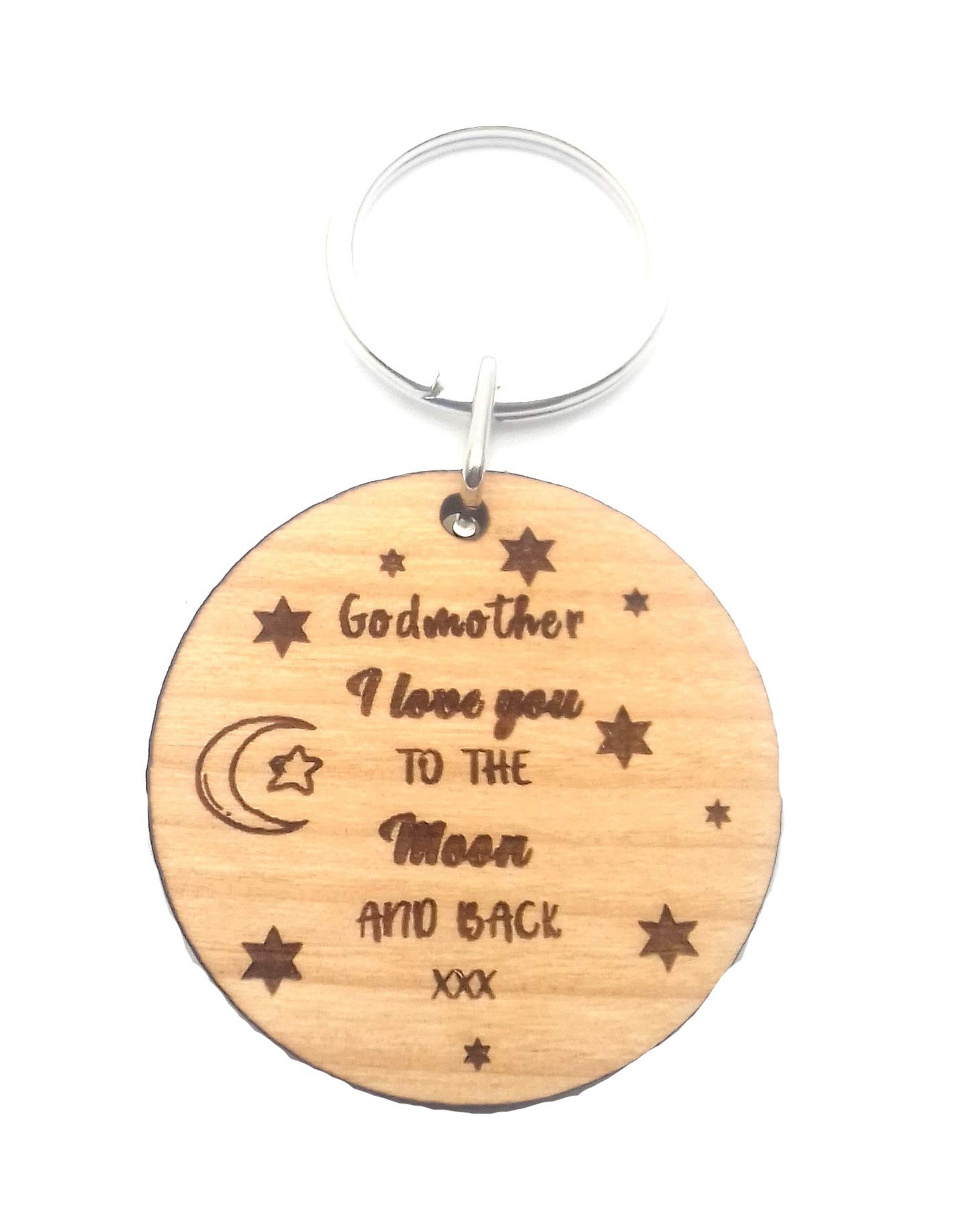 Godmother I Love You to The Moon and Back Round Wooden Wood Keyring Key Ring Gifts