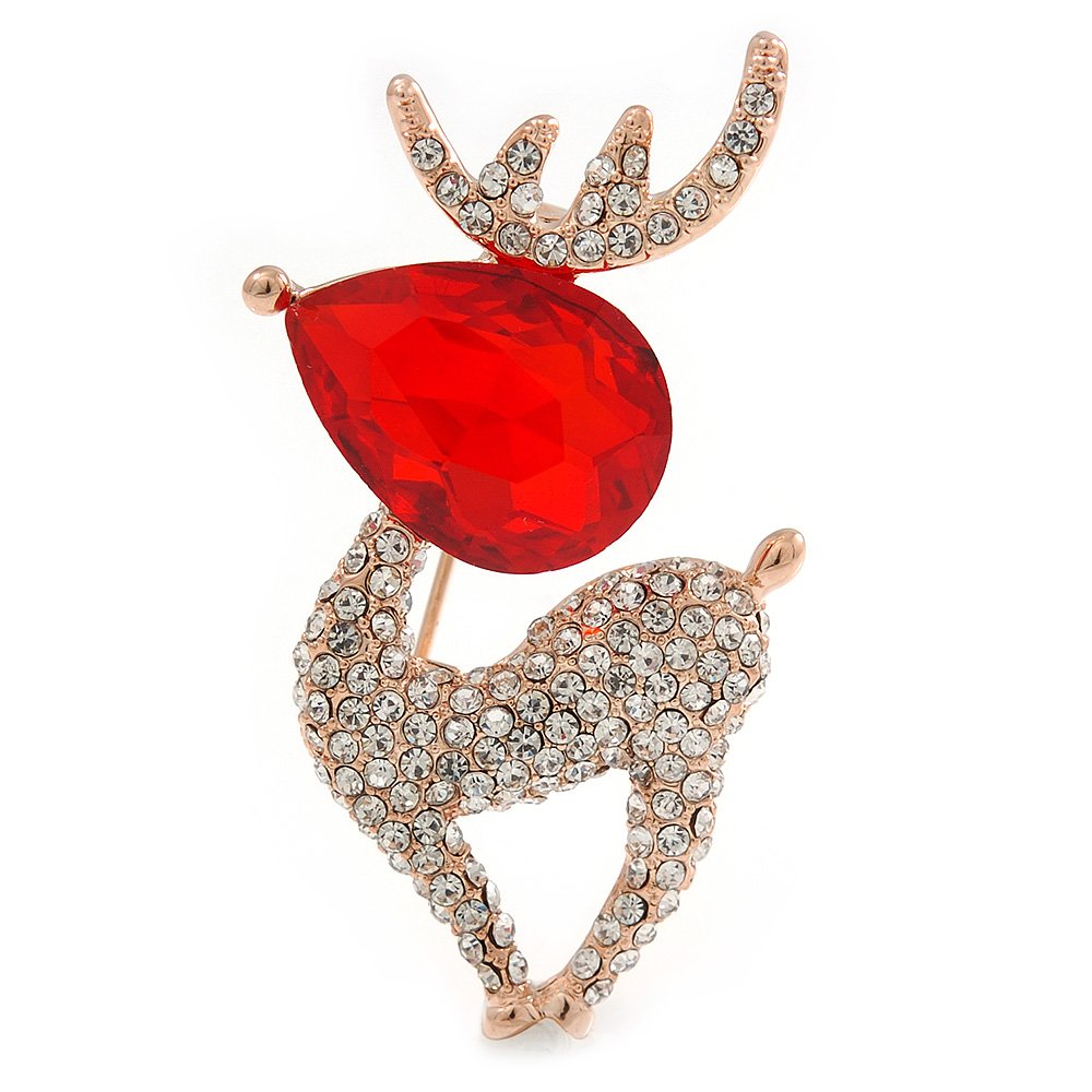 Clear Crystal, Red Cz Christmas Reindeer Brooch In Gold Plating - 45mm
